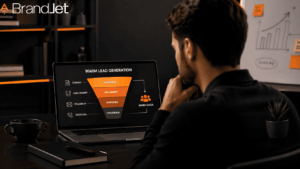 A professional reviewing how to generate warm leads for B2B using a sales funnel on a laptop screen.