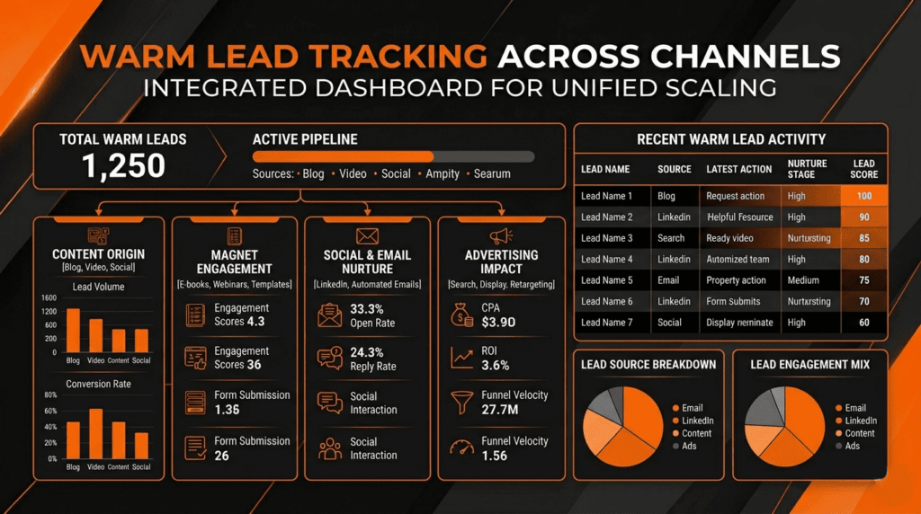 An integrated analytics dashboard tracking how to generate warm leads for B2B across email, LinkedIn, and ads. 