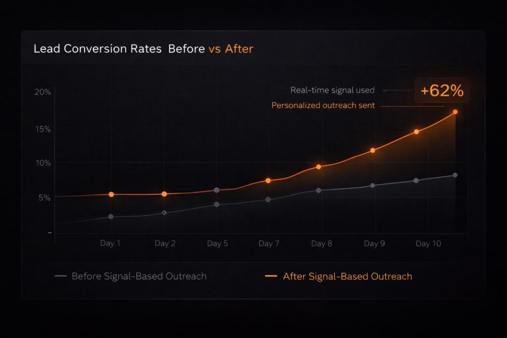 Line chart comparing lead conversion rates before and after signal-based outreach, showing how to convert warm leads to customers.