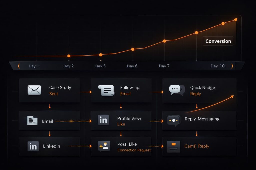 Multi-channel workflow timeline showing how to convert warm leads to customers through email, LinkedIn, and follow-ups.