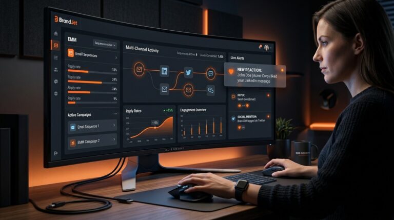 Woman reviewing multi-channel campaign performance dashboard — one of the top reply.io alternatives for B2B outreach