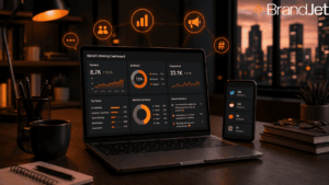 Social listening tools comparison 2026 featuring BrandJet dashboard displaying mentions, sentiment, and engagement analytics. 