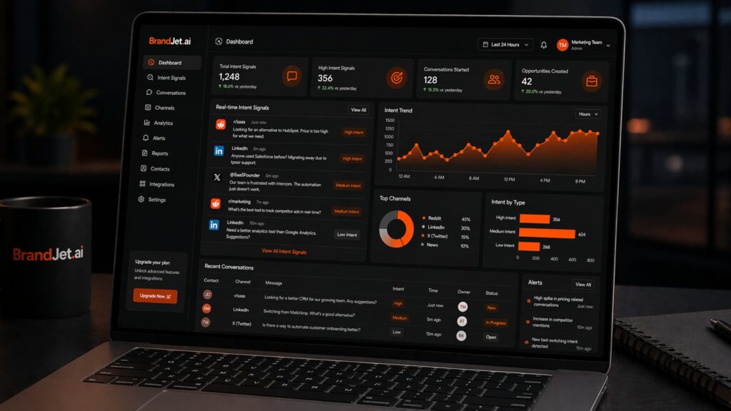 Laptop displaying BrandJet.ai, one of the top AI social listening tools for B2B 2026, on a desk.