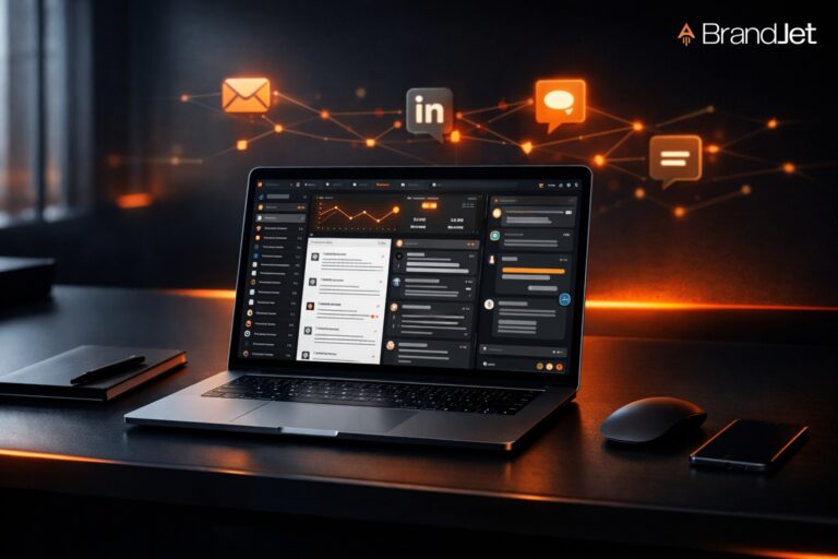 A laptop screen displaying the BrandJet platform, featuring social media icons and analytics data. The image highlights the top cold outreach platforms in 2026.