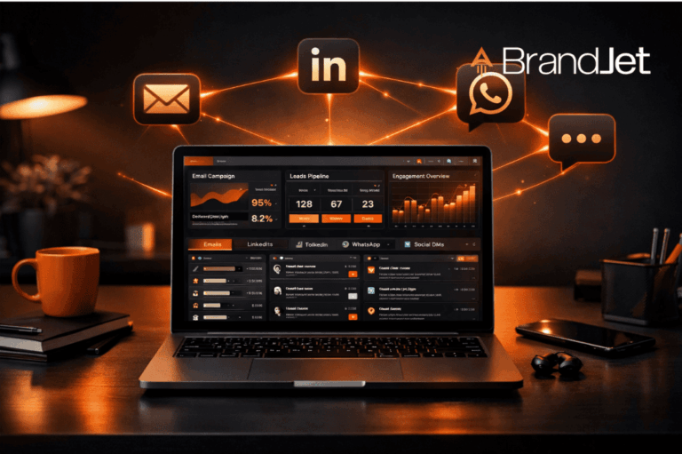 BrandJet platform among top instantly alternatives 2026 displaying email, LinkedIn, WhatsApp campaign dashboard