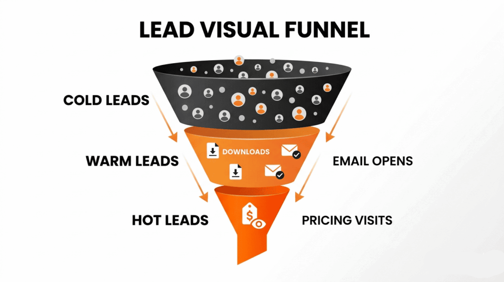 Lead visual funnel illustrating what is a warm B2B lead between cold leads above and hot leads below. 