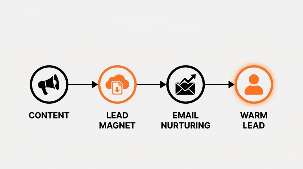 What is a warm B2B lead: a flow from content and lead magnet through email nurturing to a converted lead.