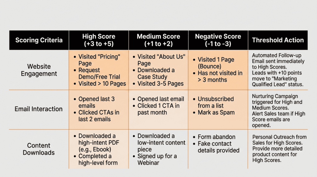 Scoring criteria table showing what is a warm B2B lead based on website, email, and download engagement. 