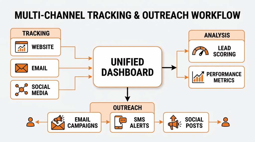 What is a warm B2B lead tracked through a multi-channel dashboard with outreach and lead scoring workflow. 