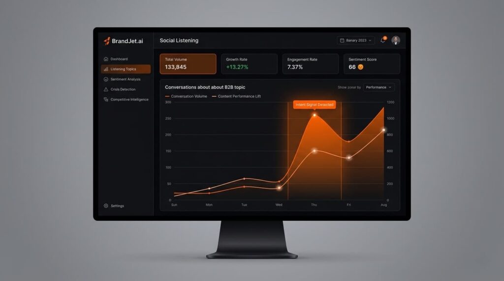 BrandJet.ai platform illustrating best social listening use cases for B2B through conversation volume and sentiment analytics.