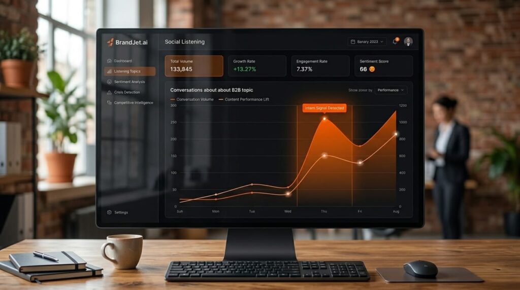 BrandJet.ai platform illustrating best social listening use cases for B2B through conversation volume and sentiment analytics.