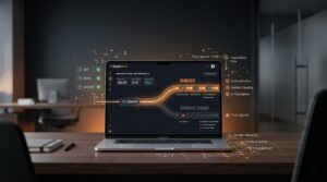A laptop dashboard showing why b2b cold emails go to spam filters, highlighting authentication, reputation, and engagement signals.
