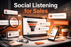 A desk setup showing how companies use social listening for sales with a laptop, funnel diagram, and social signals.