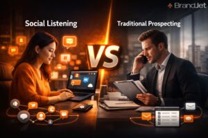 A woman monitors social signals on a laptop while a man makes cold calls, showing social listening vs traditional lead prospecting side by side.