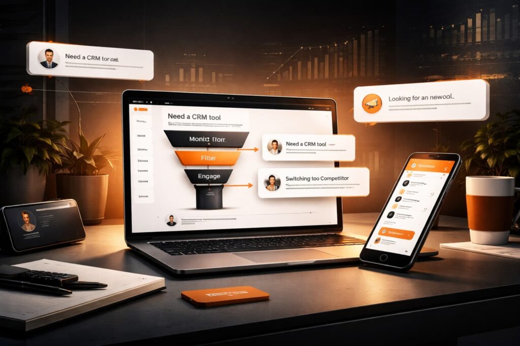 A monitor and phone display how companies use social listening for sales through CRM integration and signal filtering.