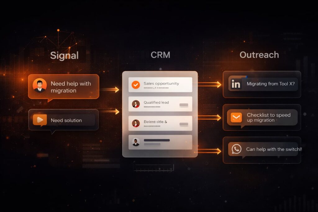 A flowchart showing how companies use social listening for sales by converting signals into CRM leads and outreach.