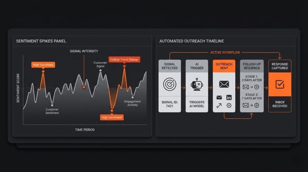Brandjet AI vs Bombora intent data automated outreach timeline with sentiment spikes panel and active workflow stages.
