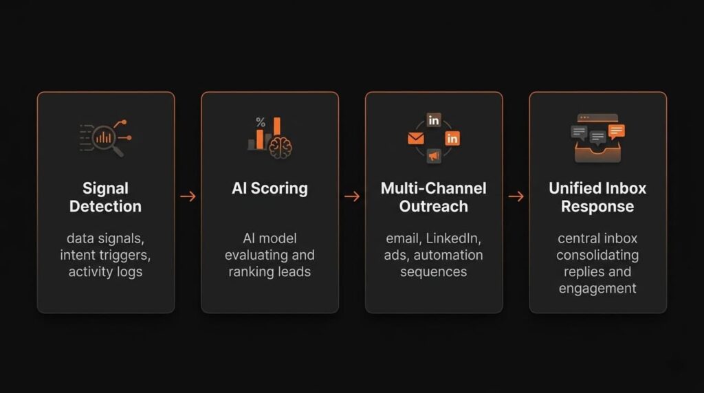 Brandjet AI vs Bombora intent data activation workflow showing signal detection, AI scoring, multi-channel outreach steps.