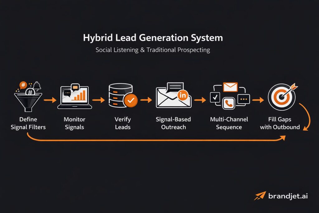 A six-step workflow diagram mapping how social listening vs traditional lead prospecting combine into one hybrid lead generation system.