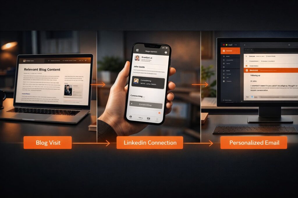 Three-screen workflow showing blog visit to email outreach highlights the warm lead vs hot lead difference in nurturing.