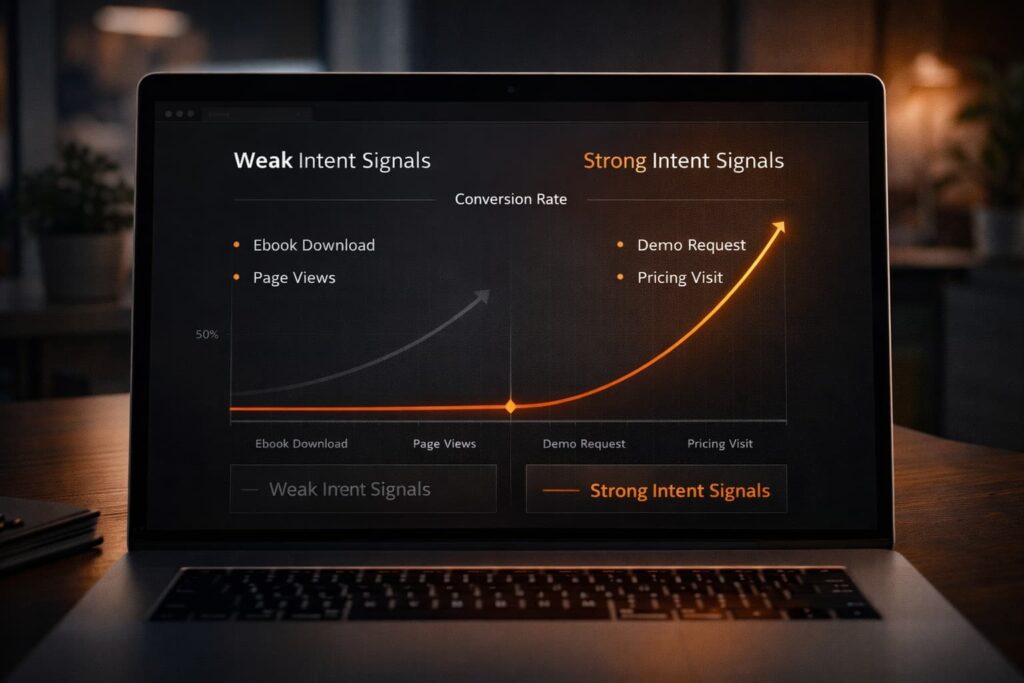 Laptop chart comparing weak and strong intent signals reflects the warm lead vs hot lead difference in conversion rate.