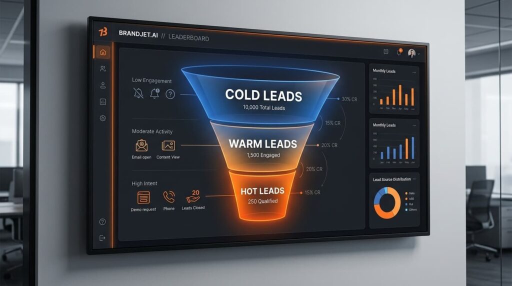 Sales funnel dashboard with cold, warm, and hot tiers visualizes the warm lead vs hot lead difference in pipeline stages.