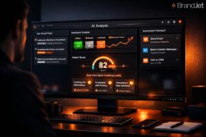 A marketer exploring what is ai social listening for b2b through a sentiment analysis and intent scoring dashboard.