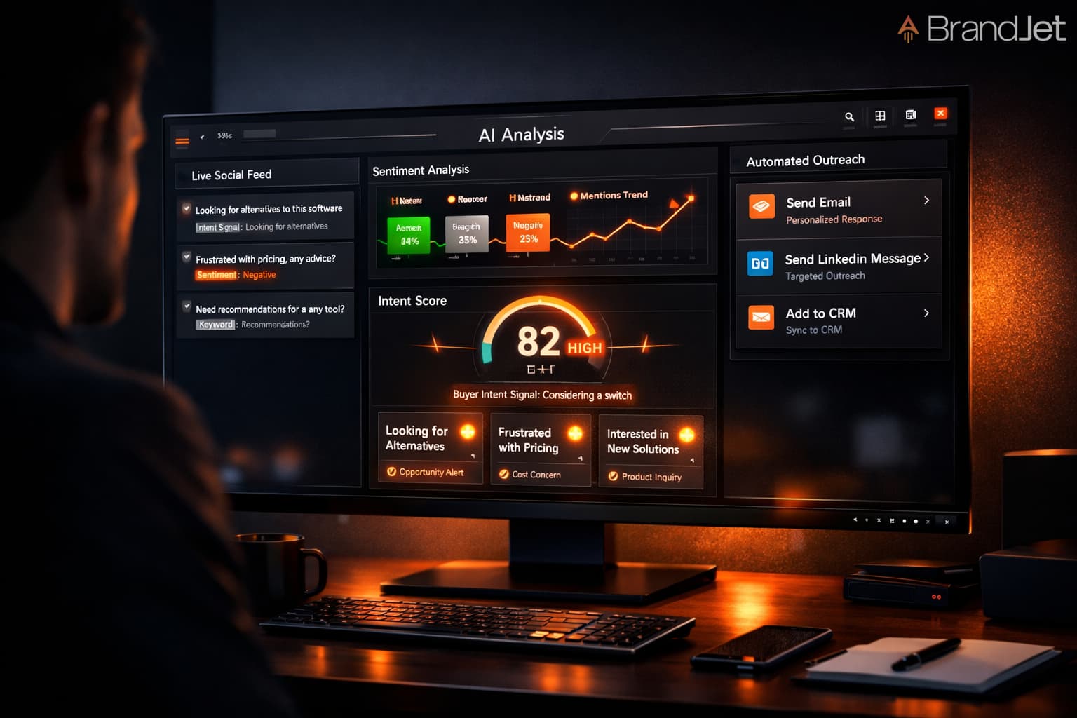 A marketer exploring what is ai social listening for b2b through a sentiment analysis and intent scoring dashboard.