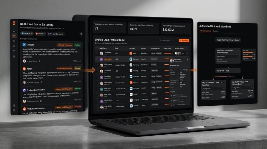 How companies use social listening for sales: live feed, unified CRM profiles, and automated outreach workflows