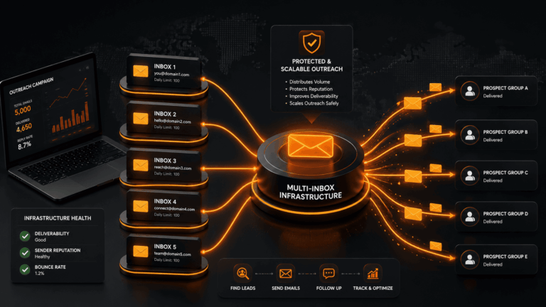 Infographic illustrating the benefits of inbox rotation for cold email campaigns using multi-inbox infrastructure. 