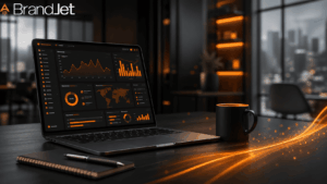 Tools to monitor competitor social media mentions dashboard showing analytics charts on a laptop screen. 