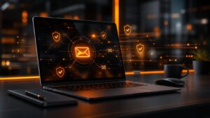 Laptop displaying email security shields , what is SPF DKIM DMARC for email authentication
