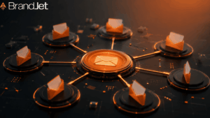 What is email inbox rotation shown as a hub-and-spoke network of orange email envelopes on a dark circuit board 
