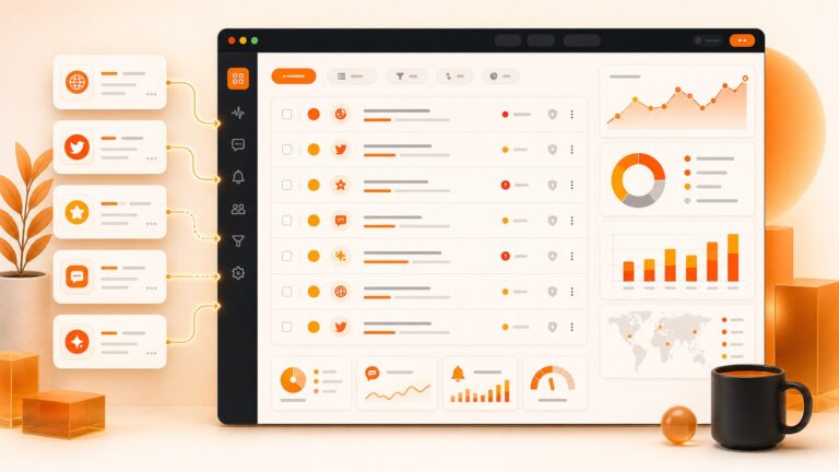 Orange BrandJet dashboard showing brand mentions from web, social, reviews, forums, and AI search flowing into one alert inbox.