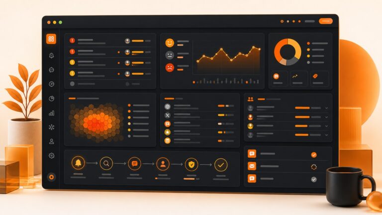 Orange BrandJet reputation monitoring dashboard with alert queue, sentiment trends, topic clusters, owner lanes, and escalation timeline.