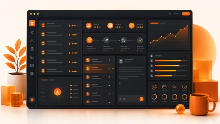 Orange BrandJet dashboard showing a startup cold outreach command center with lead signals, sequences, replies, and analytics.