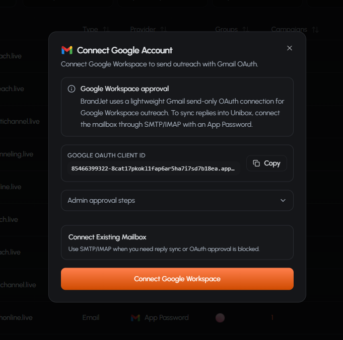 Screenshot: BrandJet Google connector with the OAuth client ID and Connect Google Workspace button. Screenshot: BrandJet Google connector with the OAuth client ID and Connect Google Workspace button.