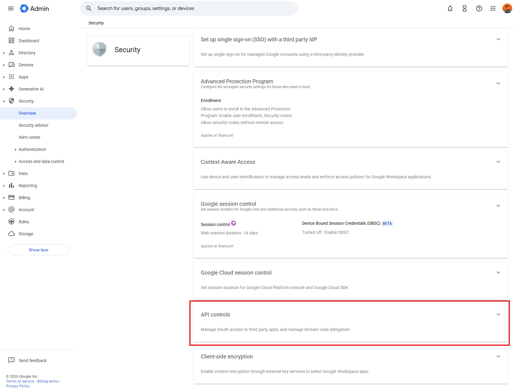 Screenshot: In Security, open API controls under Access and data control. Screenshot: In Security, open API controls under Access and data control.