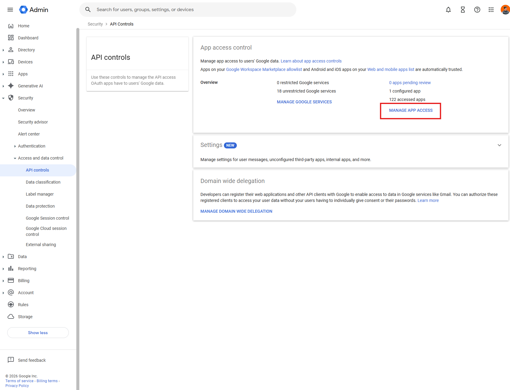 Screenshot: Click Manage app access inside API controls. Screenshot: Click Manage app access inside API controls.