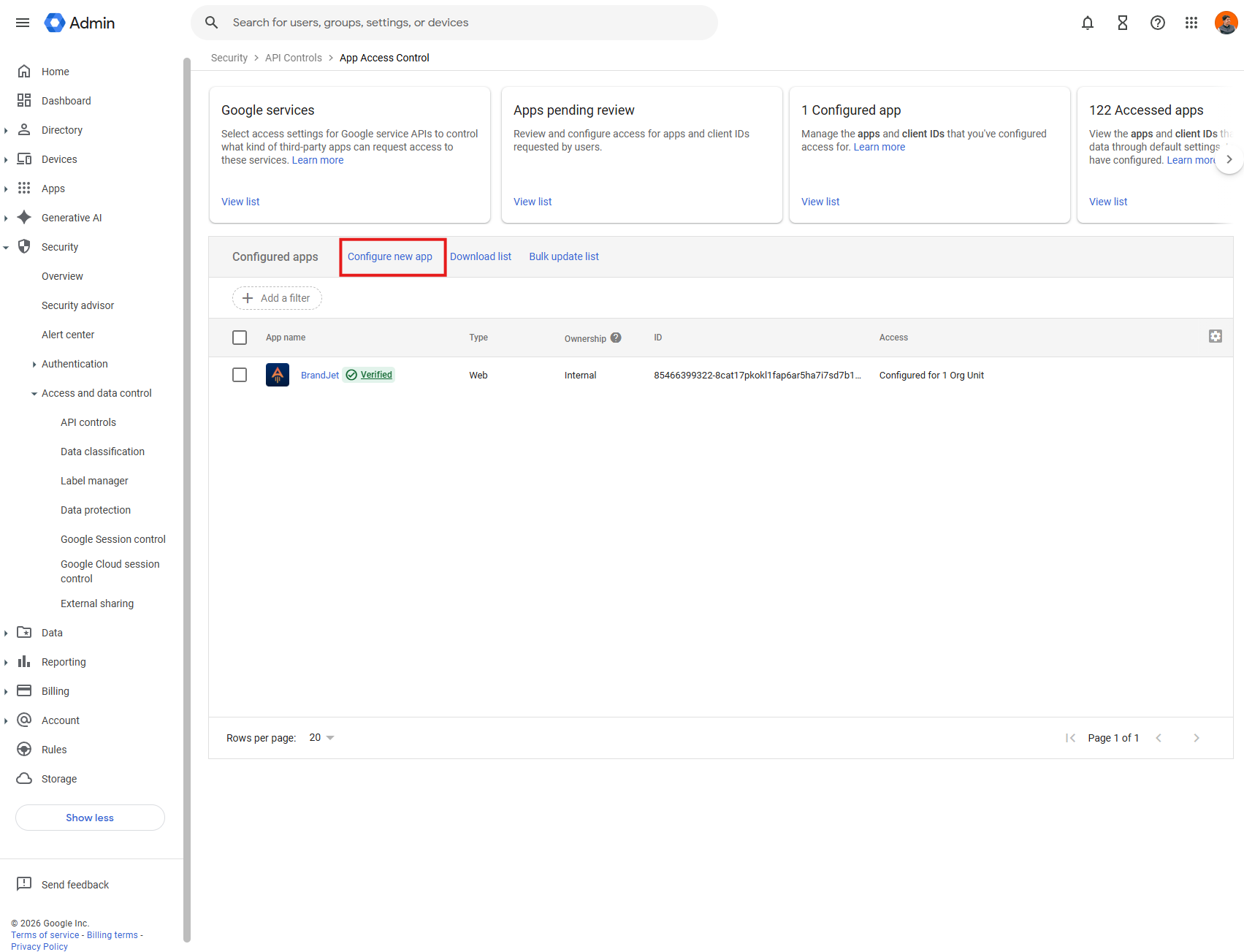 Screenshot: Configure a new app and search using the BrandJet OAuth client ID. Screenshot: Configure a new app and search using the BrandJet OAuth client ID.