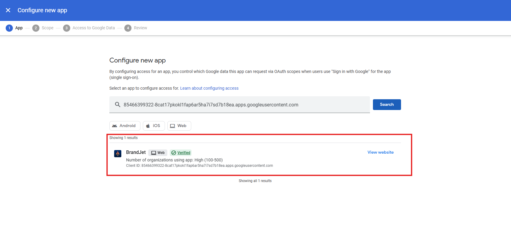 Screenshot: Select the BrandJet app after searching by client ID. Screenshot: Select the BrandJet app after searching by client ID.