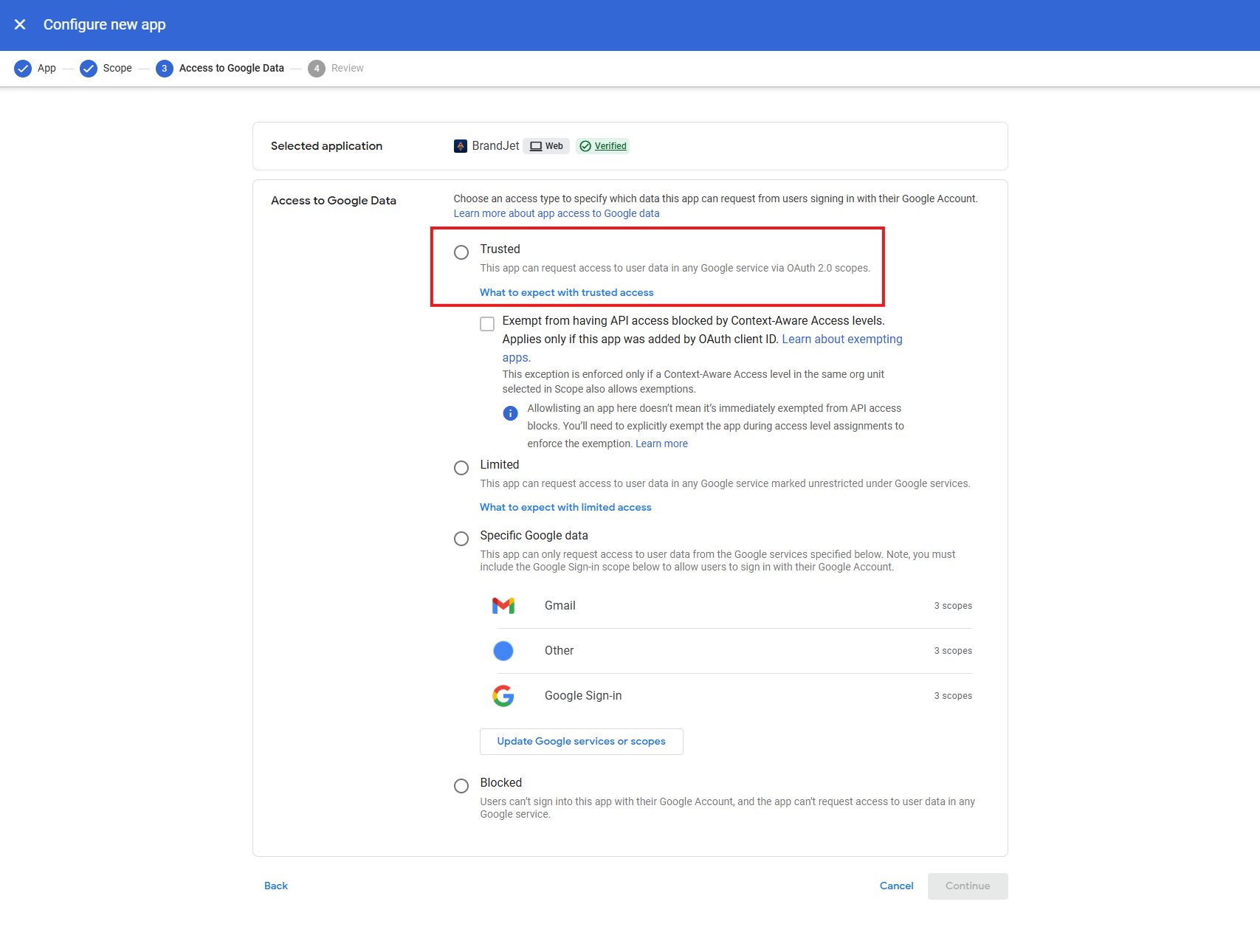 Screenshot: Apply the trusted setting to the users who need outreach access. Screenshot: Apply the trusted setting to the users who need outreach access.