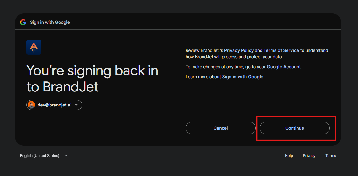 Screenshot: Continue through the Google OAuth consent screen. Screenshot: Continue through the Google OAuth consent screen.
