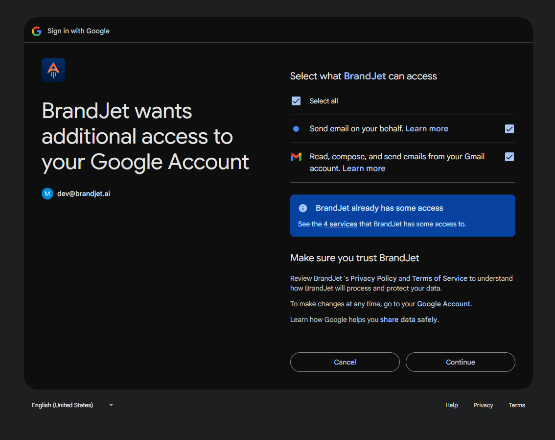 Screenshot: Check all requested permission boxes so BrandJet can connect the account. Screenshot: Check all requested permission boxes so BrandJet can connect the account.