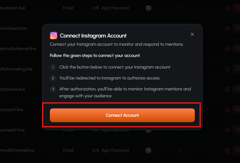 Screenshot: BrandJet Instagram connection prompt. Screenshot: BrandJet Instagram connection prompt.