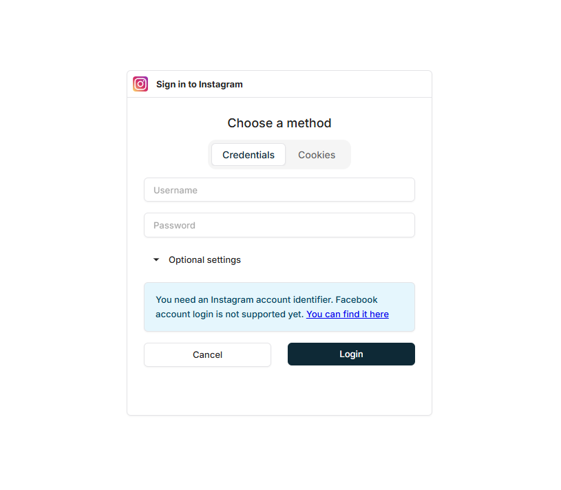 Screenshot: Instagram offers credentials and cookie connection modes. Screenshot: Instagram offers credentials and cookie connection modes.