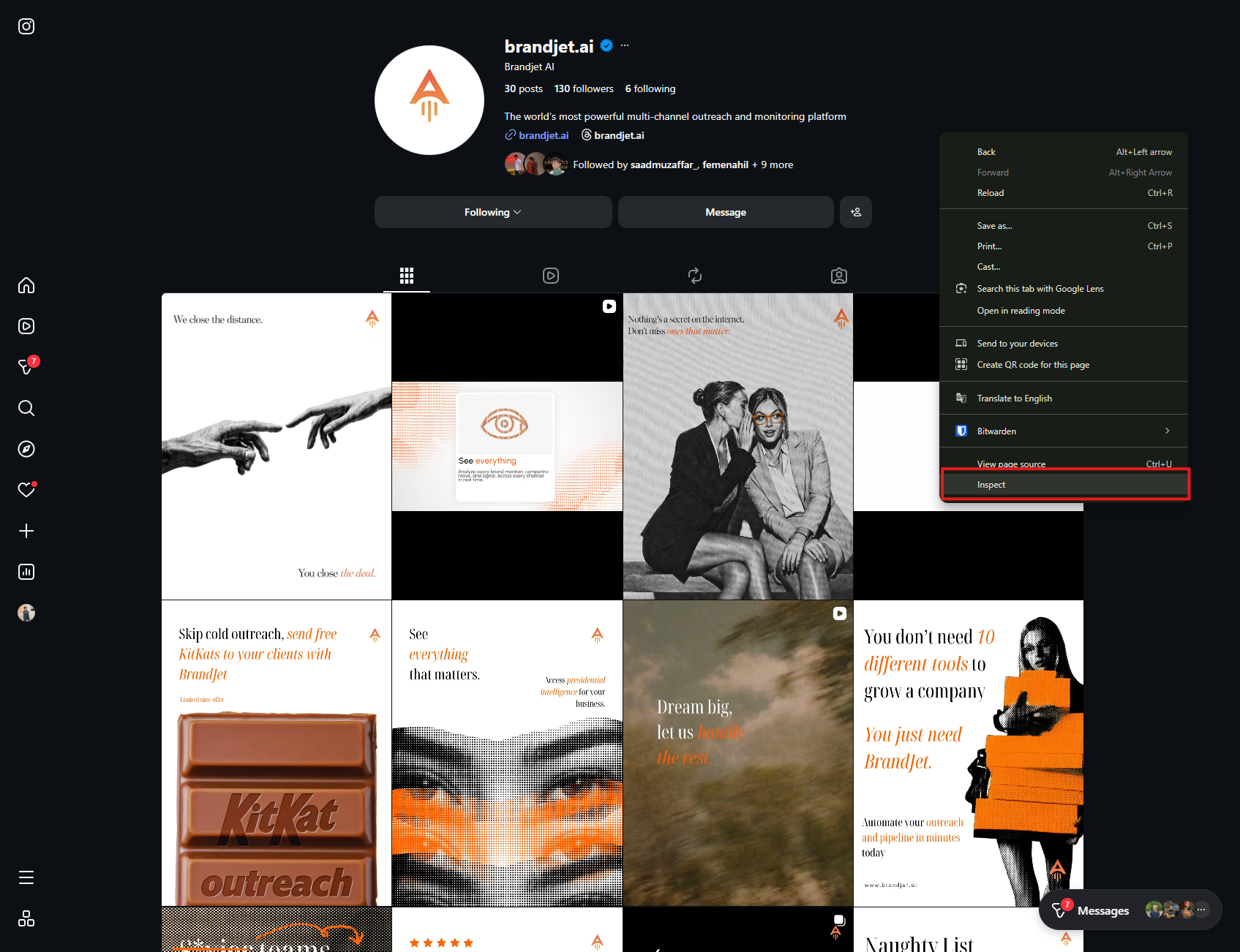 Screenshot: Open Inspect on Instagram from the browser right-click menu. Screenshot: Open Inspect on Instagram from the browser right-click menu.