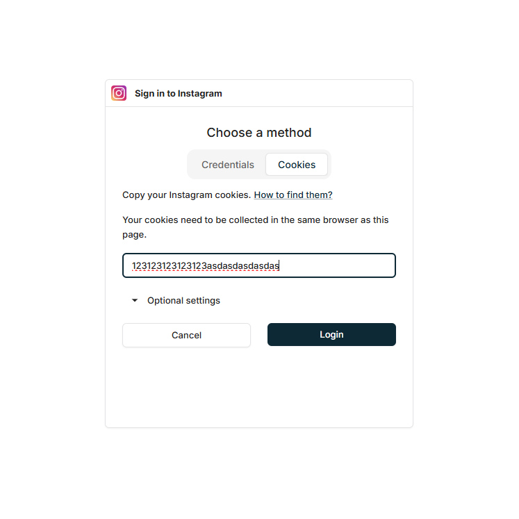 Screenshot: Paste the Instagram sessionid value and press Login. Screenshot: Paste the Instagram sessionid value and press Login.