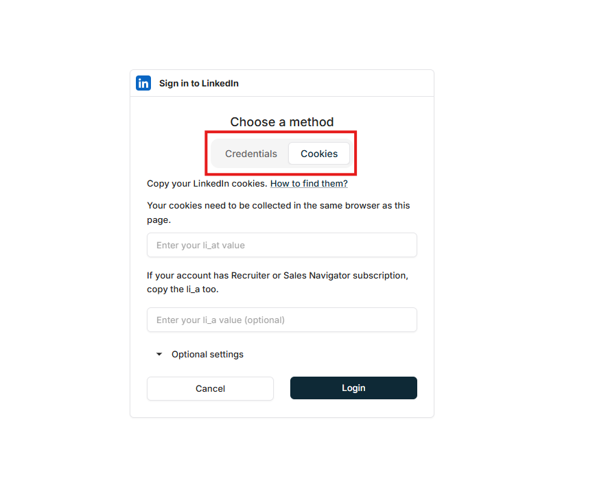 Screenshot: Switch the LinkedIn connector to cookie mode. Screenshot: Switch the LinkedIn connector to cookie mode.