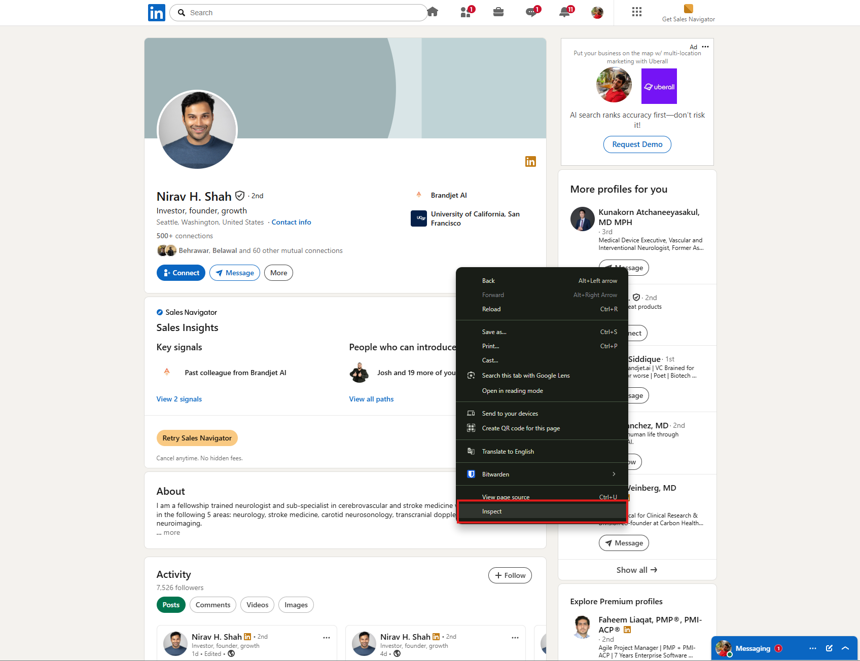 Screenshot: Open Inspect on LinkedIn from the browser right-click menu. Screenshot: Open Inspect on LinkedIn from the browser right-click menu.